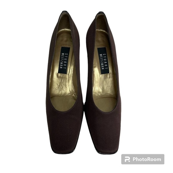 STUART WEITZMAN brown fabric/satin leather classic heel pumps shoe size 8.5 AA - Picture 6 of 13